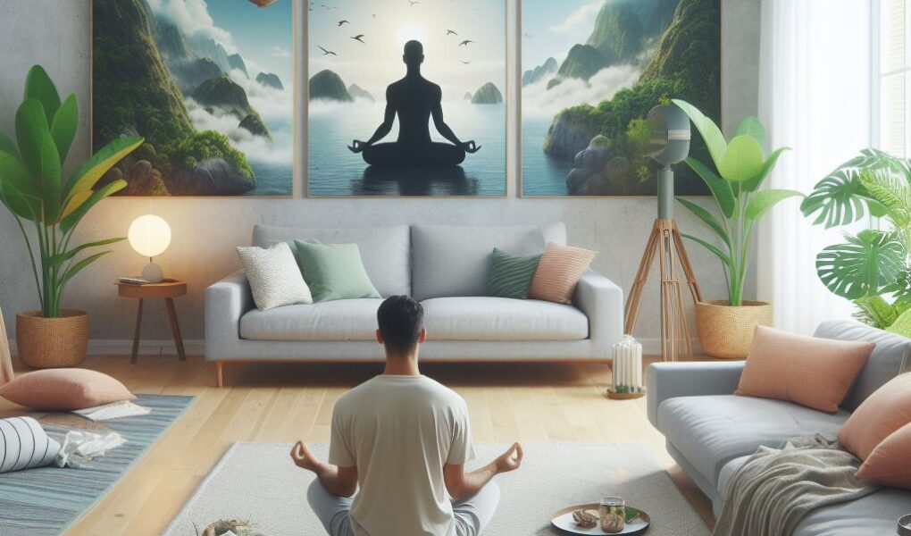 A man meditating in a modern living room with a large painting of a meditative figure in a natural landscape.