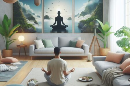 A man meditating in a modern living room with a large painting of a meditative figure in a natural landscape.