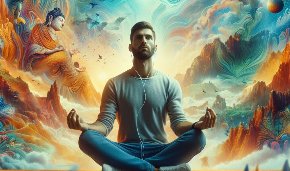 Man meditating with headphones in a surreal landscape with Buddha figures and cosmic elements.