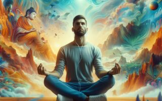 Man meditating with headphones in a surreal landscape with Buddha figures and cosmic elements.