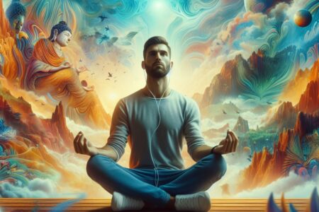 Man meditating with headphones in a surreal landscape with Buddha figures and cosmic elements.