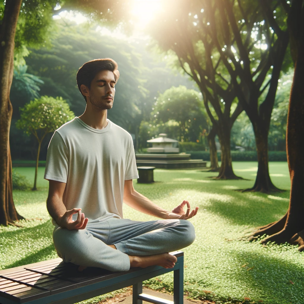 A man sitting in a lotus position on a bench, meditating in a peaceful park with sunlight filtering through the trees in the background.