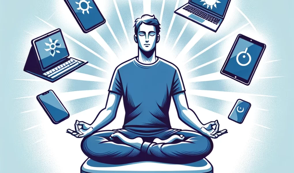 A digital illustration of a person meditating in a cross-legged position, surrounded by floating electronic devices such as smartphones, tablets, and laptops, with icons of clouds and Wi-Fi above their head. The background has rays emanating from the person, symbolizing a balance between technology and mindfulness.