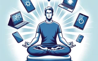 A digital illustration of a person meditating in a cross-legged position, surrounded by floating electronic devices such as smartphones, tablets, and laptops, with icons of clouds and Wi-Fi above their head. The background has rays emanating from the person, symbolizing a balance between technology and mindfulness.