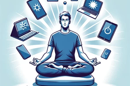 A digital illustration of a person meditating in a cross-legged position, surrounded by floating electronic devices such as smartphones, tablets, and laptops, with icons of clouds and Wi-Fi above their head. The background has rays emanating from the person, symbolizing a balance between technology and mindfulness.