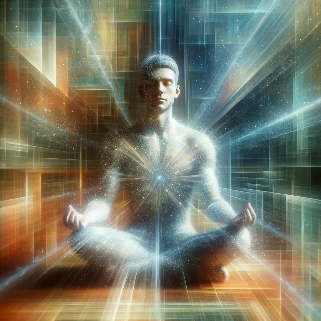 A digital illustration of a man in a meditative pose with cosmic energy radiating from his chest, surrounded by a matrix of light and geometric patterns.