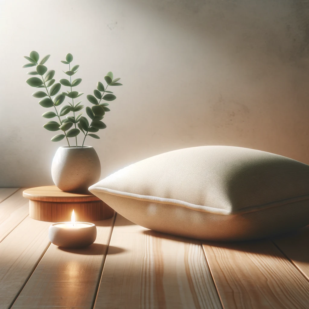 A minimalist and tranquil setting with a soft-beige meditation cushion, a lit candle, and a green potted plant on a wooden stand, against a warm textured wall.