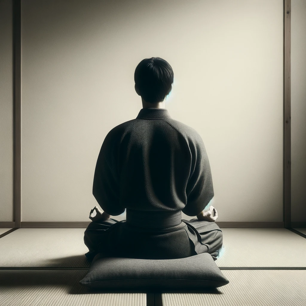 A person in traditional Japanese attire seated in Zen meditation posture facing a plain wall on a tatami mat, embodying simplicity and focus.