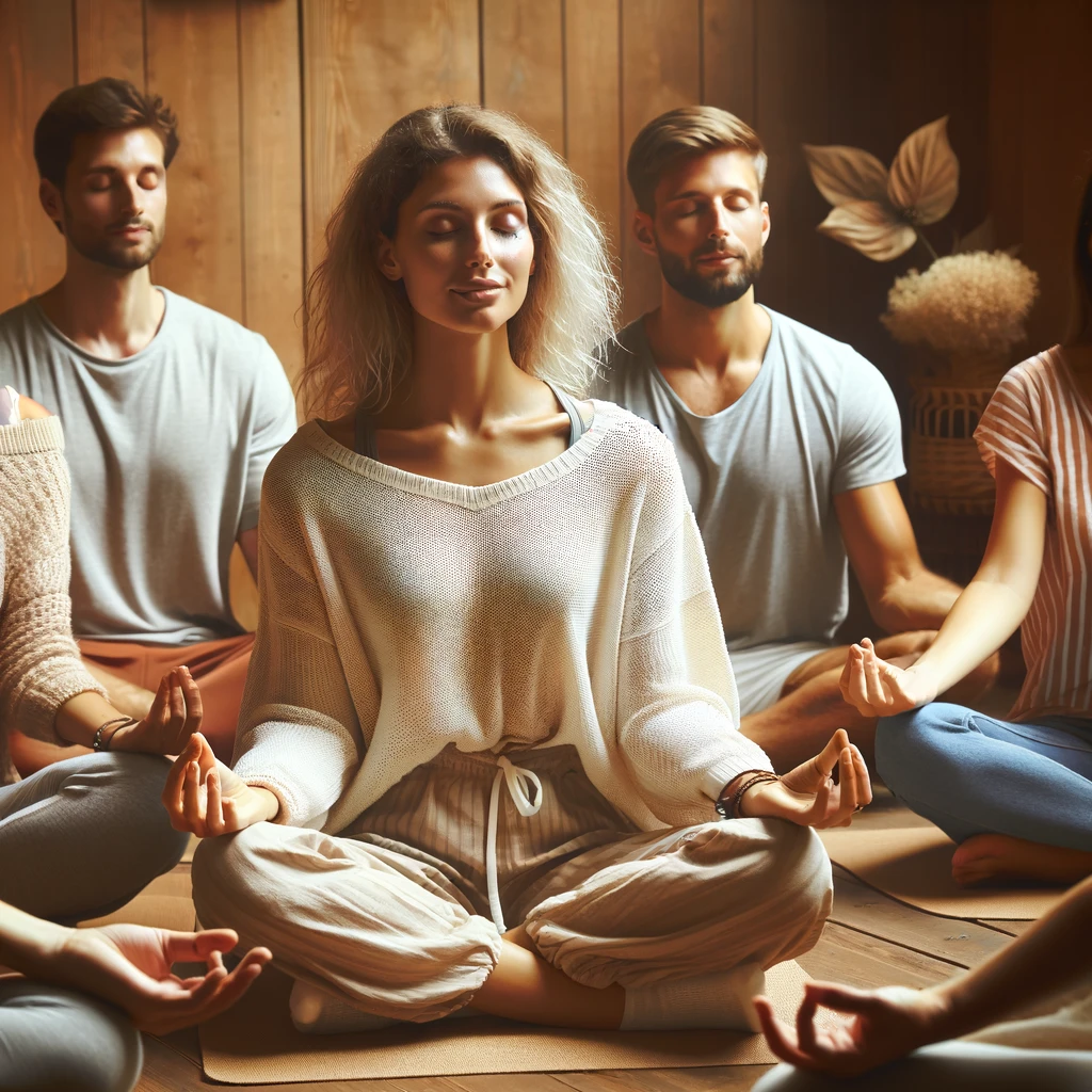 A group of young adults in casual clothing meditating together in a cozy, wooden room, with a woman in the foreground smiling gently with eyes closed.