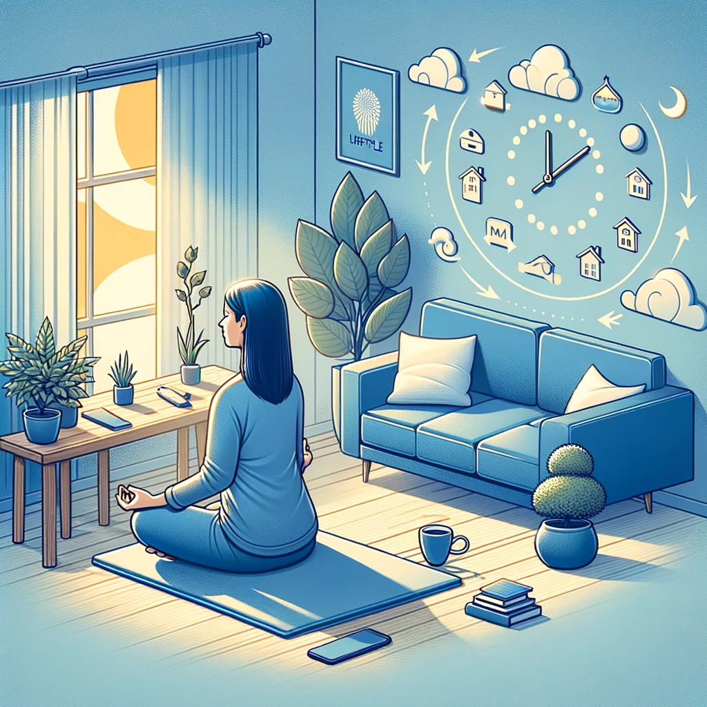 A stylized illustration of a woman in a calm indoor setting, practicing meditation on a yoga mat, with a serene blue color palette and symbolic representations of daily life and balance in a circular motif surrounding a clock.