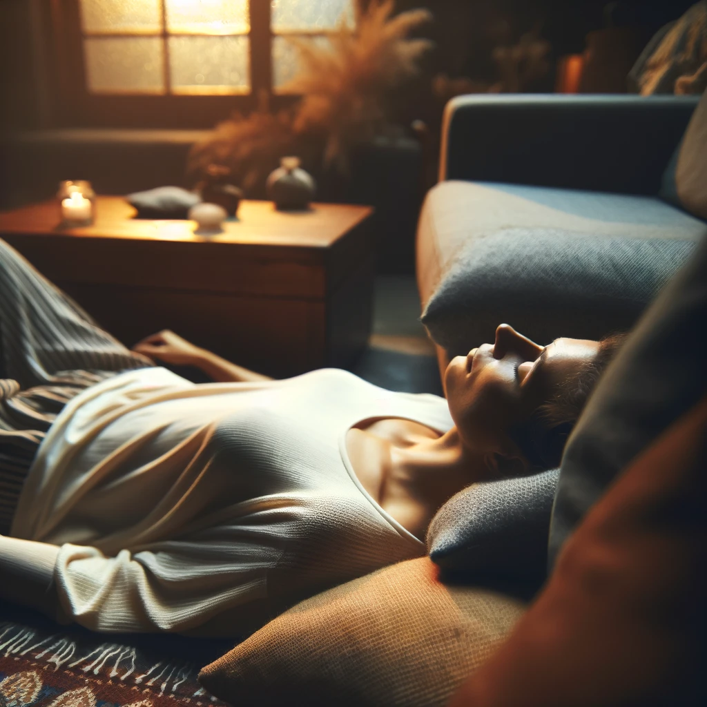 A serene individual lying down in shavasana, or corpse pose, in a dimly lit room, evoking relaxation and deep meditation.