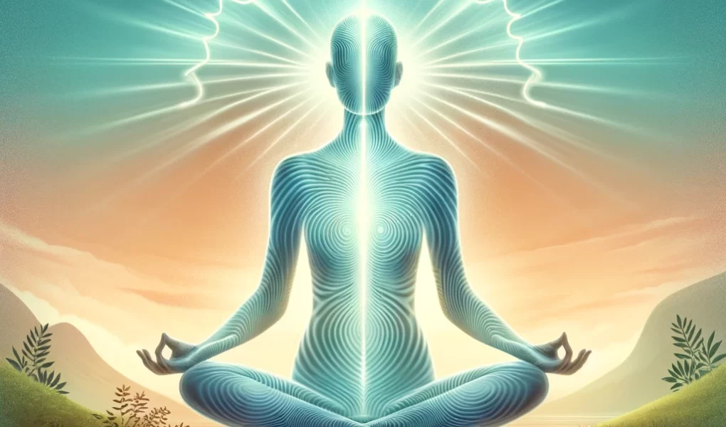 Illustration of a person in lotus position with energy waves radiating from the body during a body scan meditation.