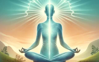 Illustration of a person in lotus position with energy waves radiating from the body during a body scan meditation.