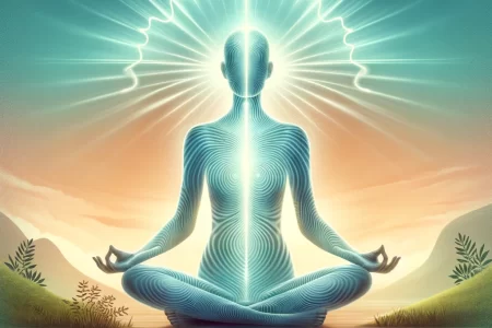 Illustration of a person in lotus position with energy waves radiating from the body during a body scan meditation.