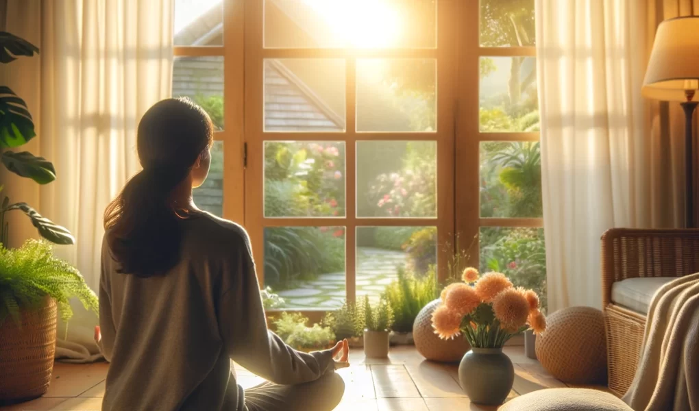 A person sits cross-legged on a mat in a cozy, light-filled room, meditating with their eyes closed. Soft natural light illuminates the space, and a window in the background shows a calm sunrise over a garden with lush greenery and blooming flowers.