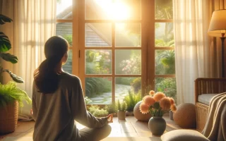 A person sits cross-legged on a mat in a cozy, light-filled room, meditating with their eyes closed. Soft natural light illuminates the space, and a window in the background shows a calm sunrise over a garden with lush greenery and blooming flowers.