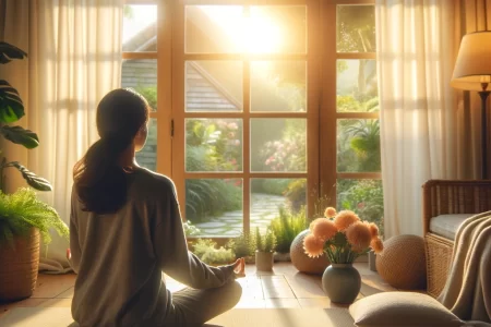 A person sits cross-legged on a mat in a cozy, light-filled room, meditating with their eyes closed. Soft natural light illuminates the space, and a window in the background shows a calm sunrise over a garden with lush greenery and blooming flowers.