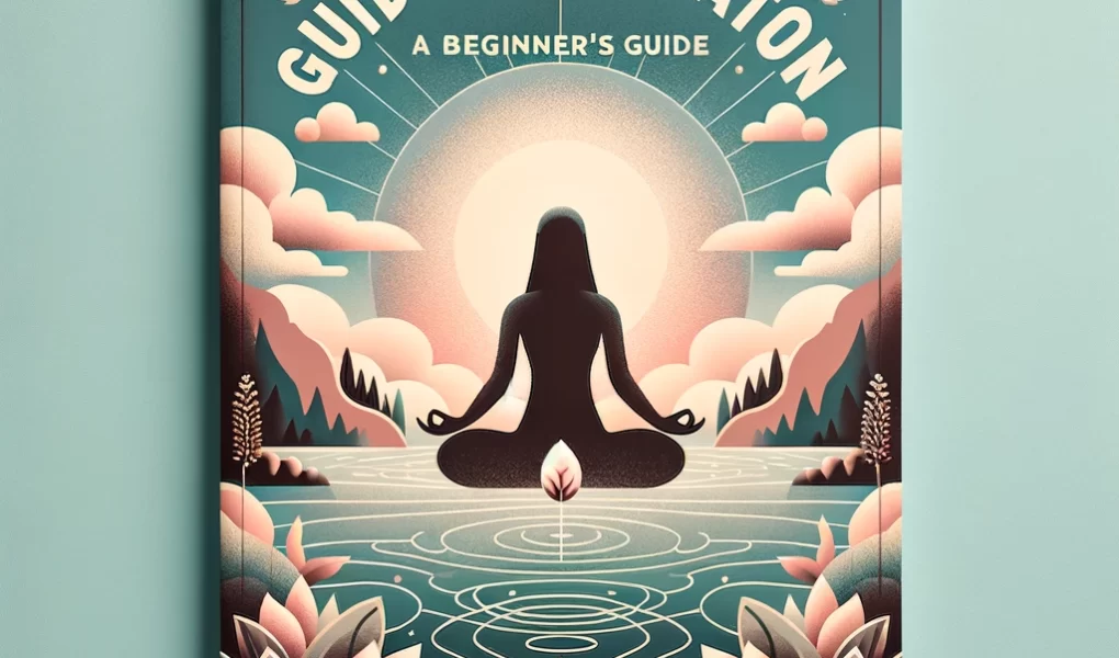 Serene cover design for 'Guided Meditation: A Beginner's Guide' blog post, featuring a tranquil landscape, calming colors, and symbols of mindfulness like a lotus flower and a meditating silhouette, with the title in clear, readable font.