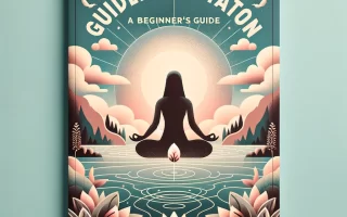 Serene cover design for 'Guided Meditation: A Beginner's Guide' blog post, featuring a tranquil landscape, calming colors, and symbols of mindfulness like a lotus flower and a meditating silhouette, with the title in clear, readable font.