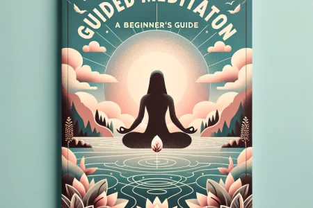 Serene cover design for 'Guided Meditation: A Beginner's Guide' blog post, featuring a tranquil landscape, calming colors, and symbols of mindfulness like a lotus flower and a meditating silhouette, with the title in clear, readable font.