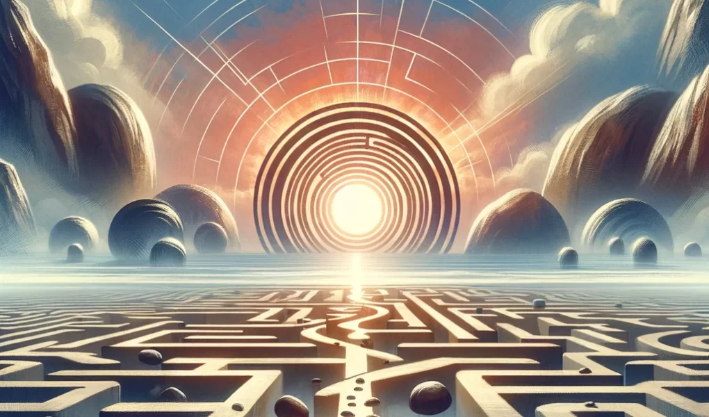 A person walking towards enlightenment through a maze under a radiant sun, signifying overcoming meditation challenges.