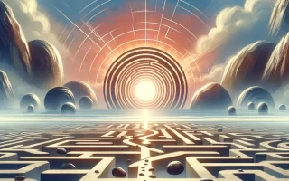 A person walking towards enlightenment through a maze under a radiant sun, signifying overcoming meditation challenges.