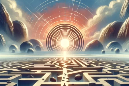 A person walking towards enlightenment through a maze under a radiant sun, signifying overcoming meditation challenges.