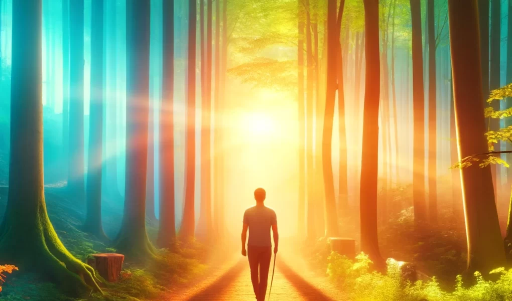 A person in deep relaxation walking a sunlit forest path.