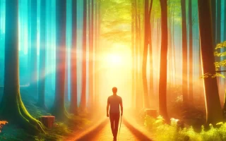 A person in deep relaxation walking a sunlit forest path.