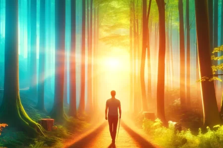 A person in deep relaxation walking a sunlit forest path.