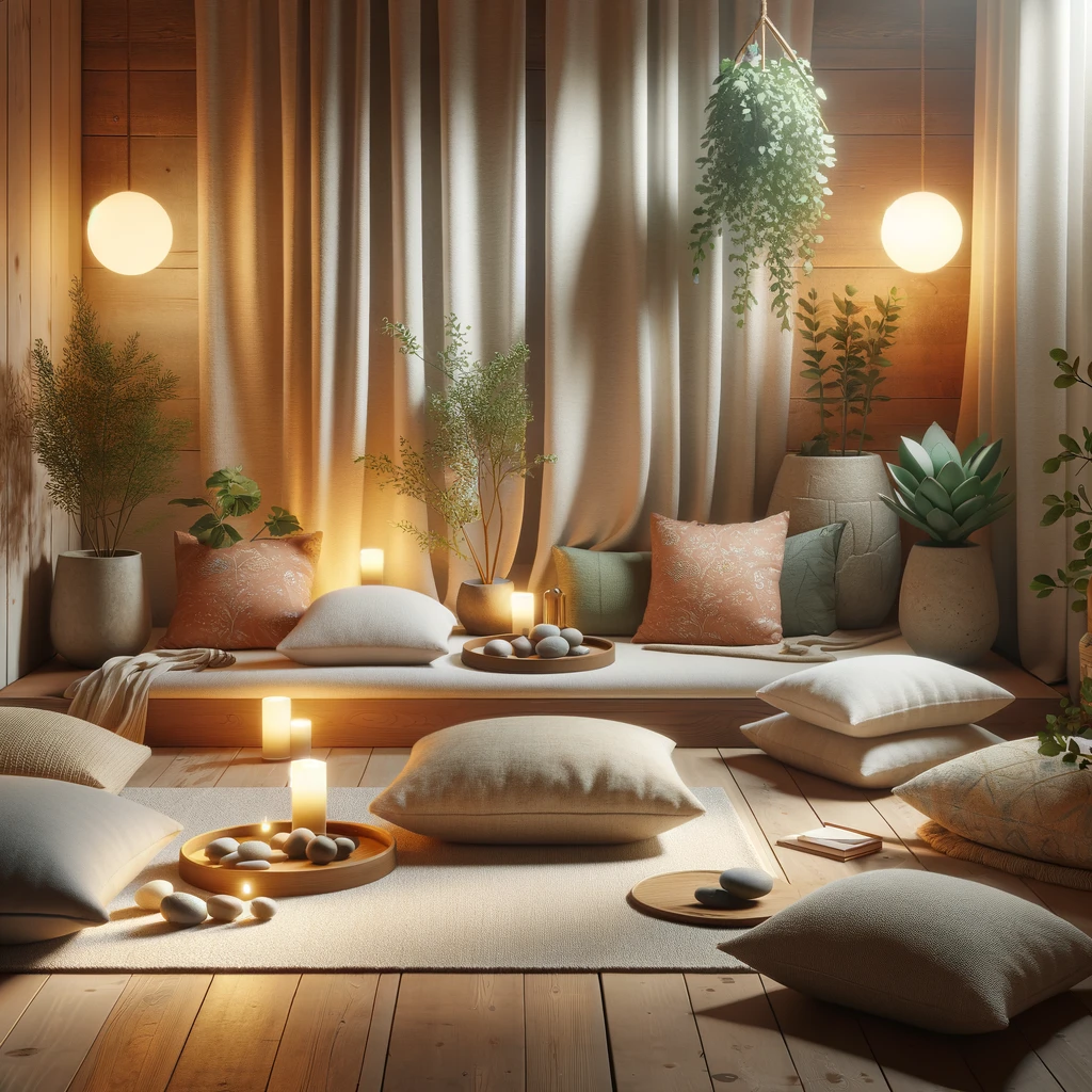 A serene indoor meditation space with soft lighting and natural elements.