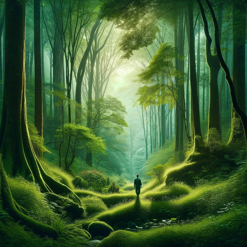 A person walking along a lush, moss-covered path in a mystical forest.