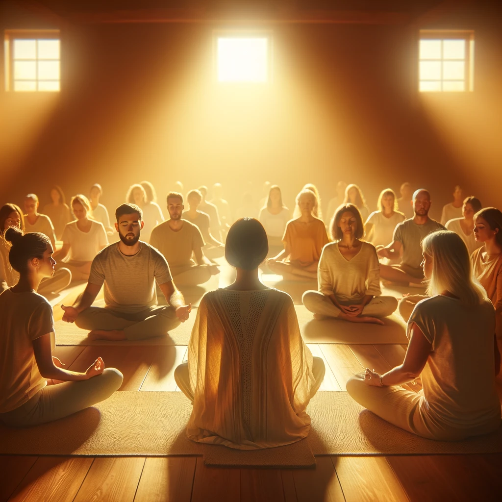 A group of people meditating in a sunlit room.