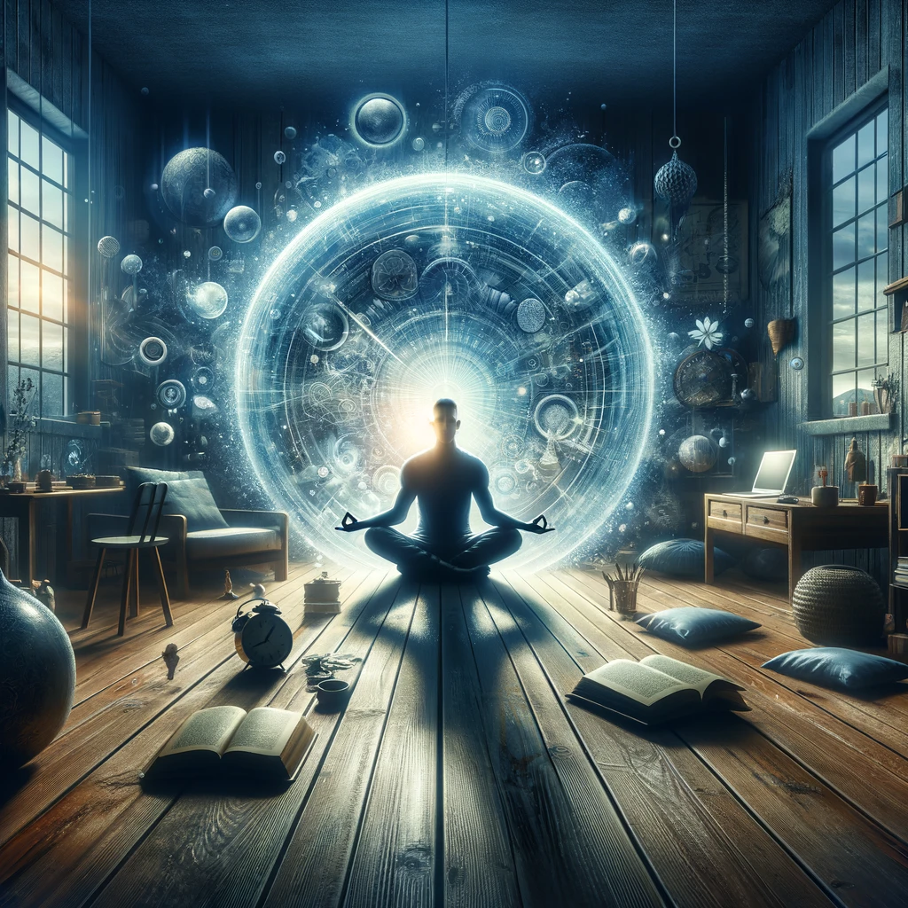 A person meditating in a room surrounded by cosmic imagery.