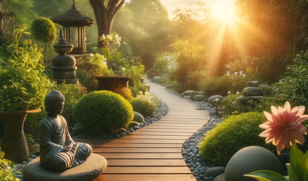 A peaceful meditation area in a lush garden at sunrise, featuring a wooden pathway and a Buddha statue, symbolizing tranquility and renewal.