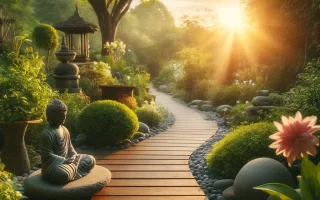 A peaceful meditation area in a lush garden at sunrise, featuring a wooden pathway and a Buddha statue, symbolizing tranquility and renewal.