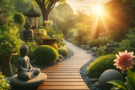 A peaceful meditation area in a lush garden at sunrise, featuring a wooden pathway and a Buddha statue, symbolizing tranquility and renewal.