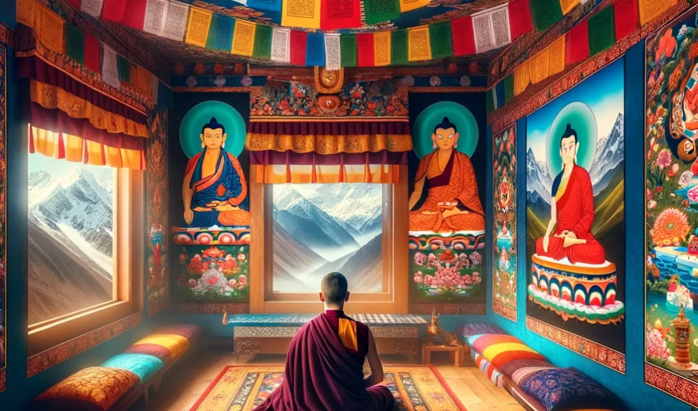 A colorful Tibetan prayer room with thangka paintings and prayer flags, with a monk meditating near a window overlooking the Himalayas.