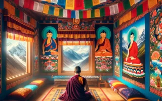 A colorful Tibetan prayer room with thangka paintings and prayer flags, with a monk meditating near a window overlooking the Himalayas.