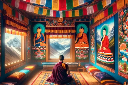 A colorful Tibetan prayer room with thangka paintings and prayer flags, with a monk meditating near a window overlooking the Himalayas.