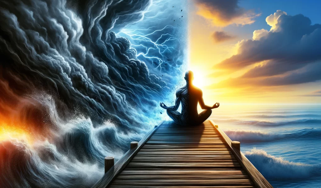 An image depicting the duality of chaos and calmness, with a person meditating on a wooden pier; tumultuous waves and a storm on the left, transitioning to a calm sea and clear skies on the right.