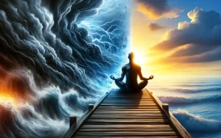 An image depicting the duality of chaos and calmness, with a person meditating on a wooden pier; tumultuous waves and a storm on the left, transitioning to a calm sea and clear skies on the right.