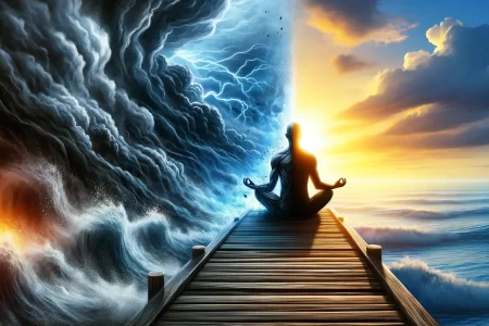 An image depicting the duality of chaos and calmness, with a person meditating on a wooden pier; tumultuous waves and a storm on the left, transitioning to a calm sea and clear skies on the right.