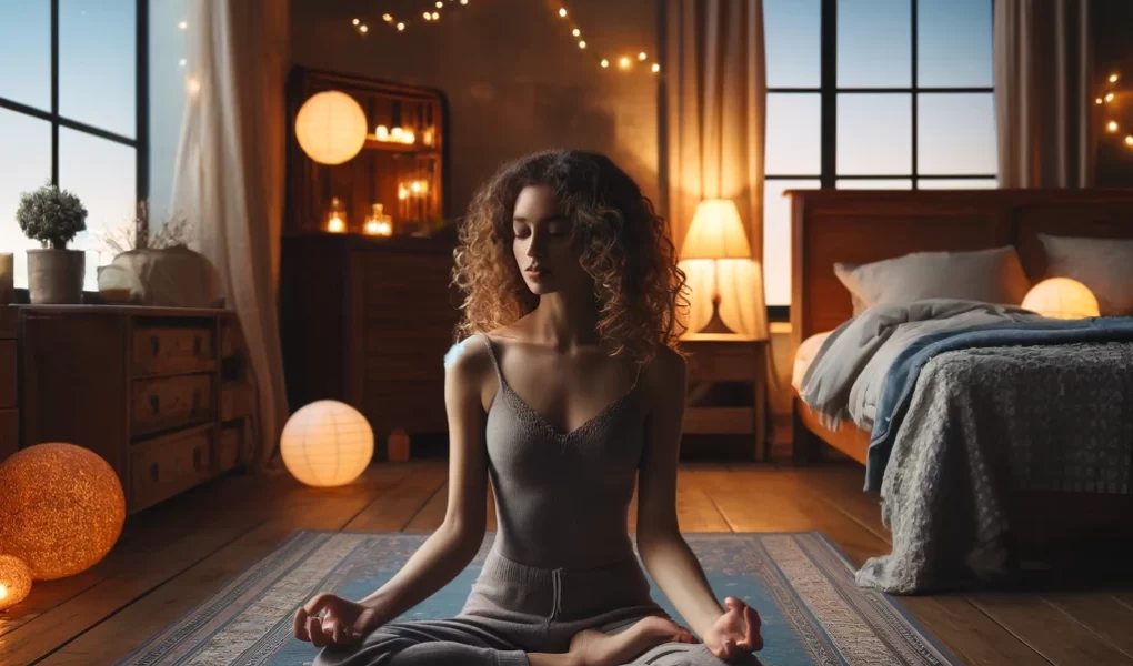 Young woman with curly hair meditating in a rustic bedroom at twilight, surrounded by wooden furnishings and soft fairy lights.