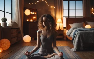 Young woman with curly hair meditating in a rustic bedroom at twilight, surrounded by wooden furnishings and soft fairy lights.