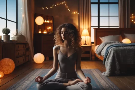 Young woman with curly hair meditating in a rustic bedroom at twilight, surrounded by wooden furnishings and soft fairy lights.