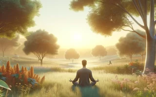 A person meditating outdoors in a serene natural setting with a clear sky and warm sunrise.