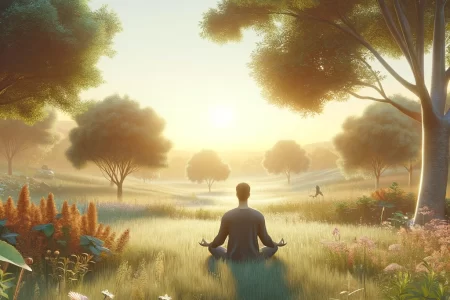 A person meditating outdoors in a serene natural setting with a clear sky and warm sunrise.