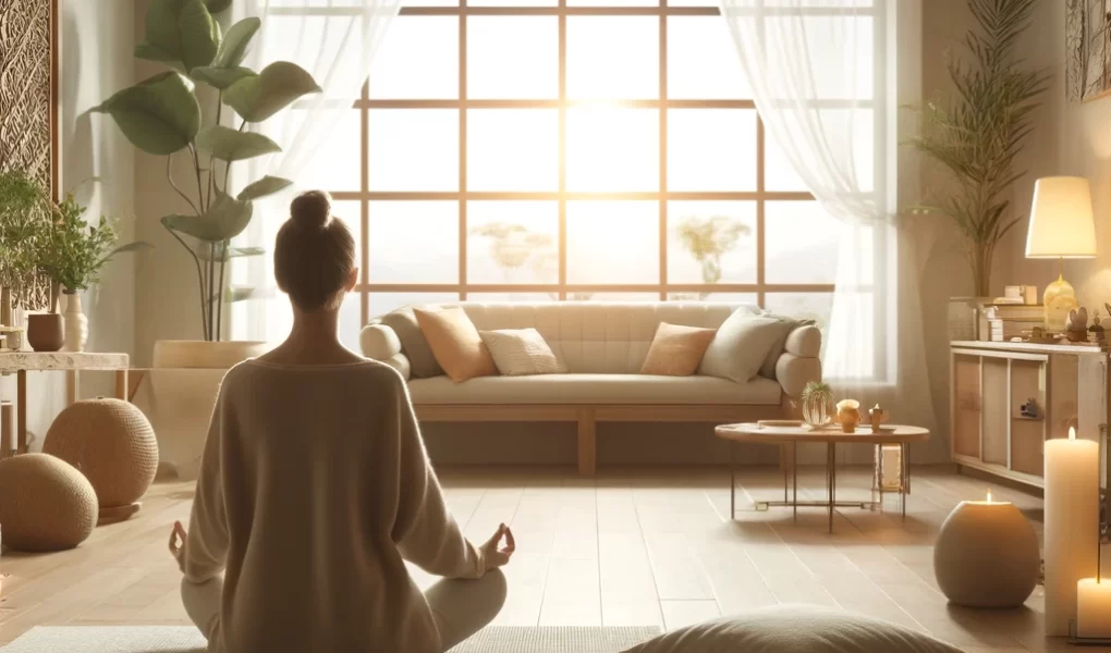 Person meditating in a serene indoor setting with natural light.