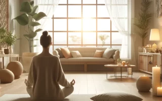 Person meditating in a serene indoor setting with natural light.